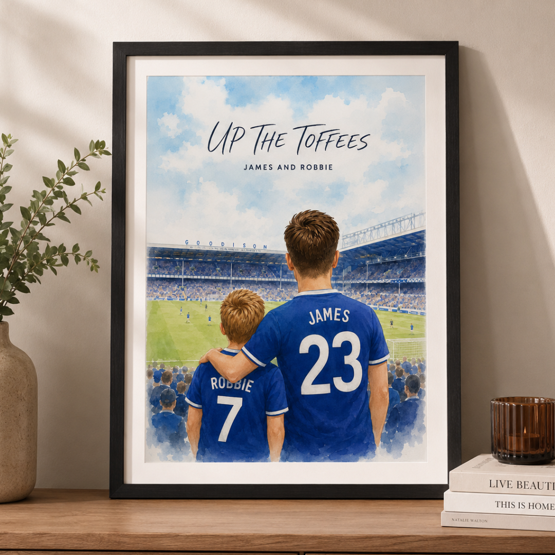 Framed illustrated print of a father and son at Goodison Park