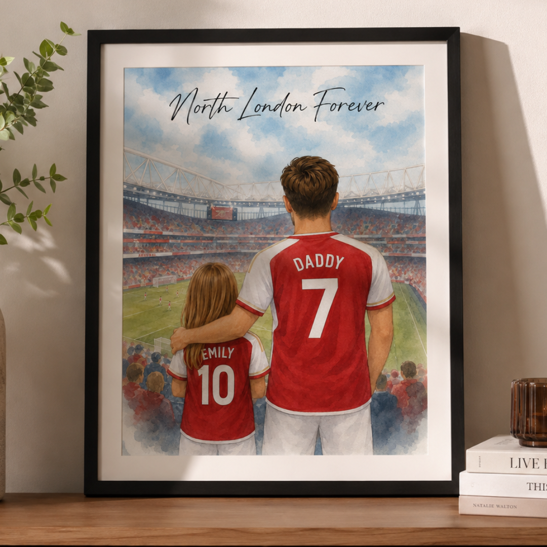 Framed illustrated print of a father and daughter at the Emirates Stadium