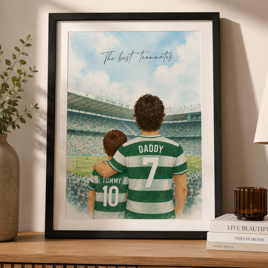 Framed illustrated print of a father and son at Celtic Park