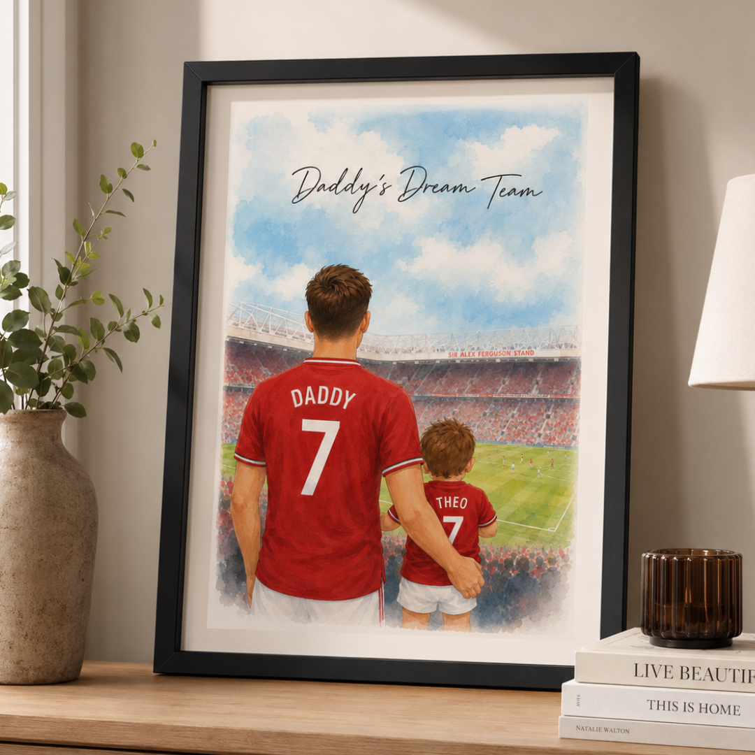Framed illustrated print of a father and son at Old Trafford