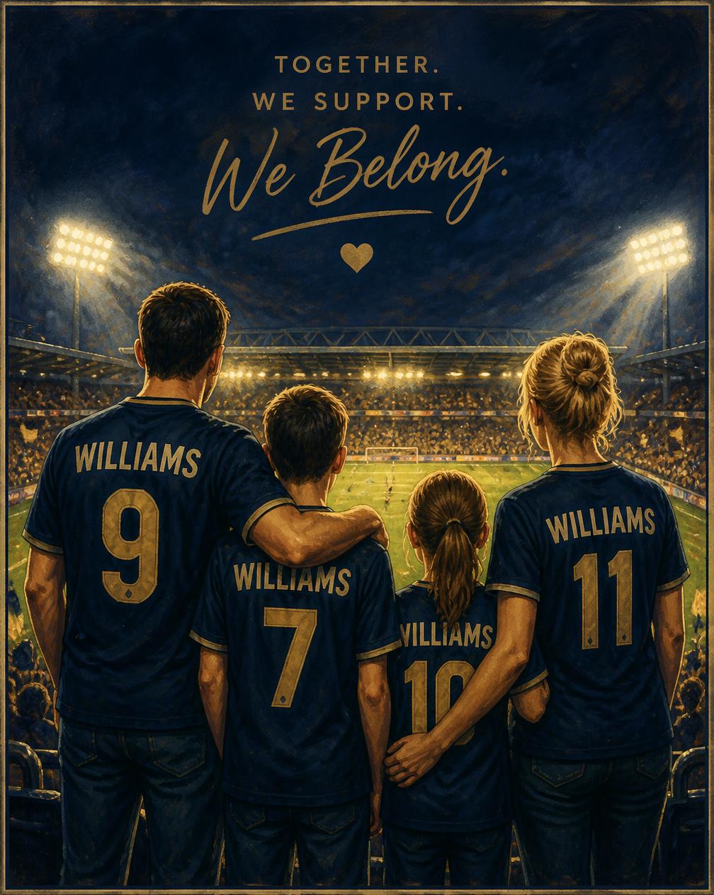 Illustrated print of a family in football shirts watching a floodlit match